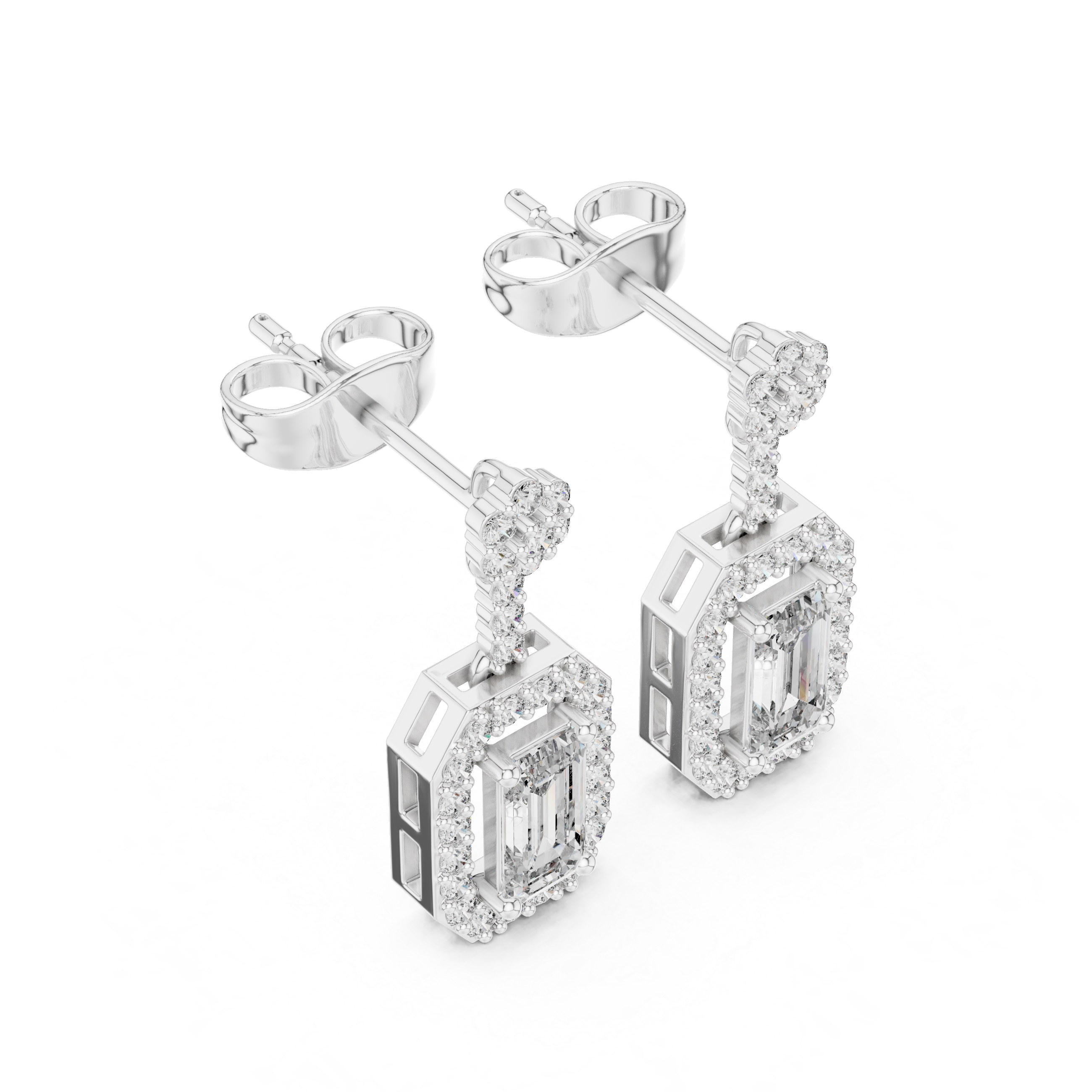 Emerald Cut Diamond Halo Drop Earrings with Pavé Link