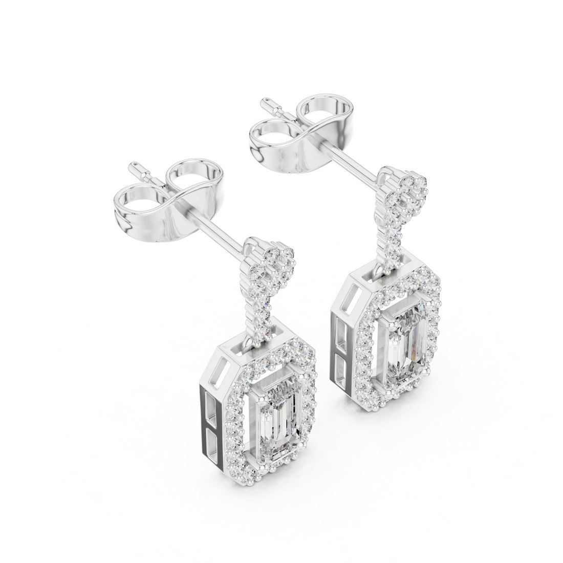 Emerald Cut Diamond Halo Drop Earrings with Pavé Link