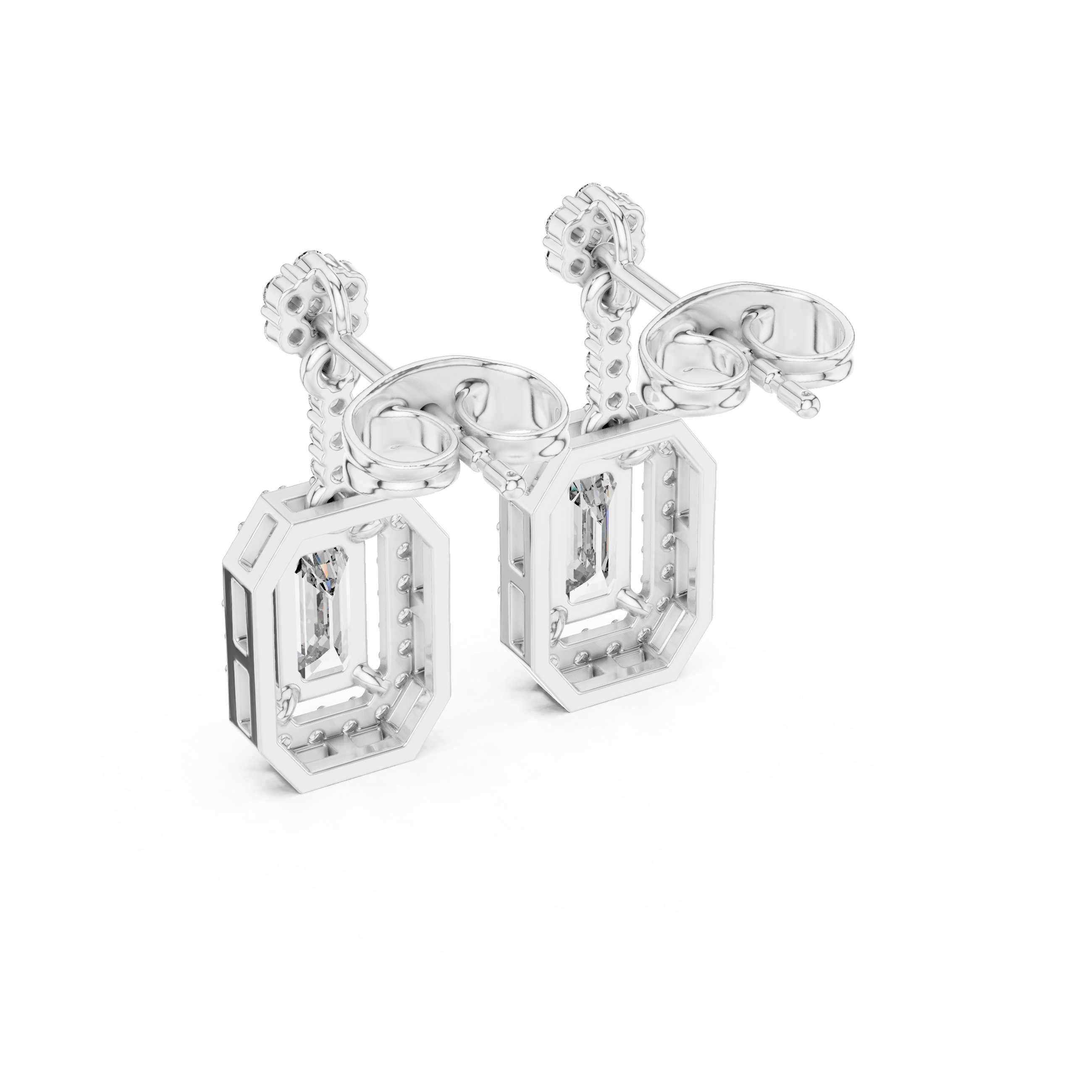 Emerald Cut Diamond Halo Drop Earrings with Pavé Link