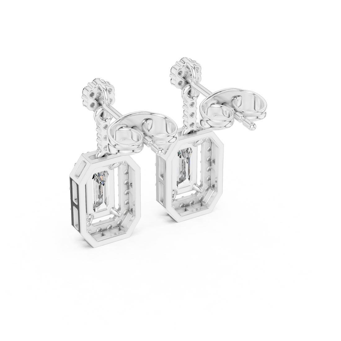 Emerald Cut Diamond Halo Drop Earrings with Pavé Link