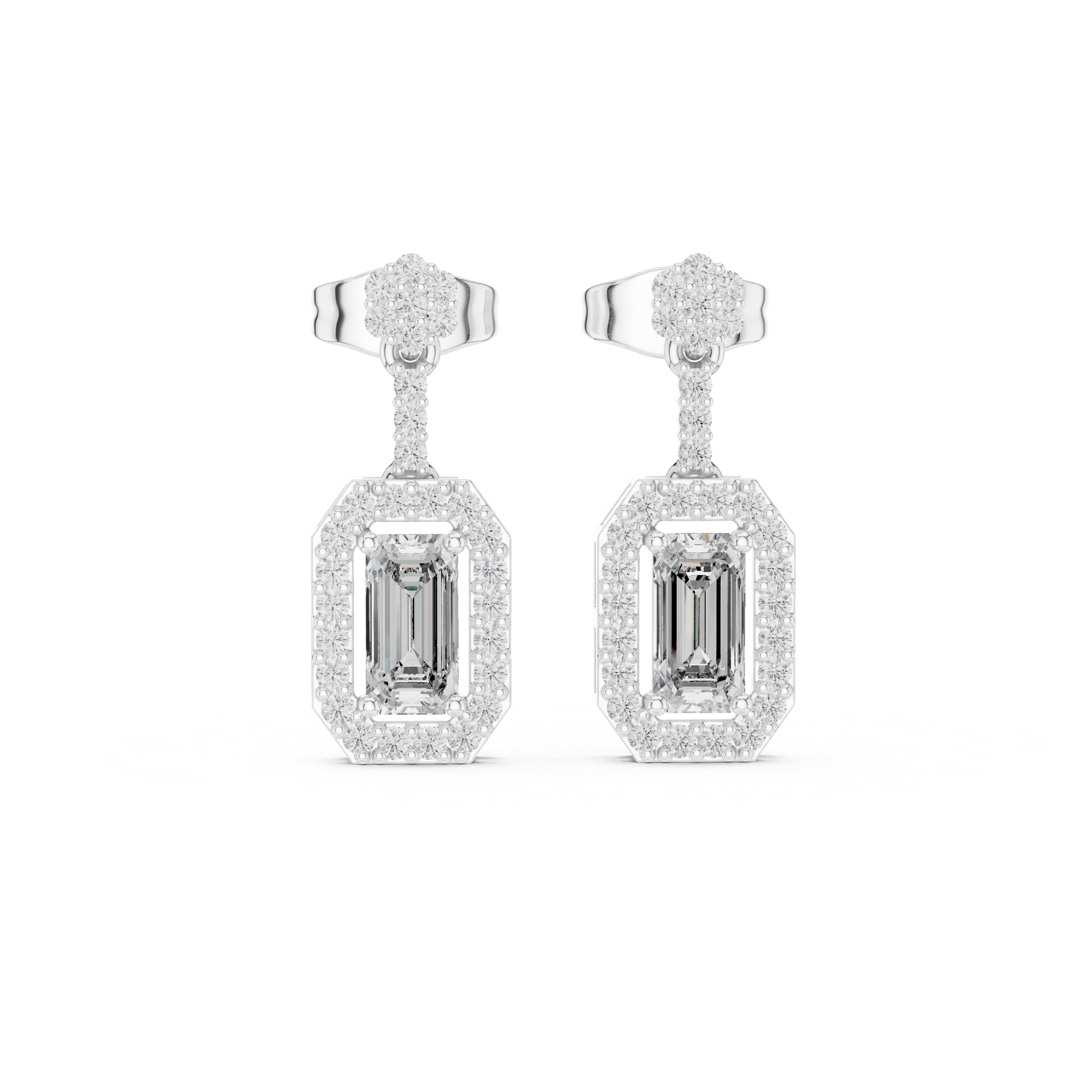 Emerald Cut Diamond Halo Drop Earrings with Pavé Link
