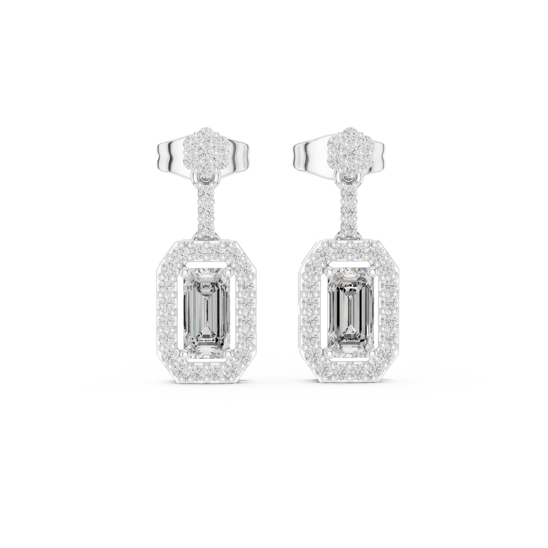 Emerald Cut Diamond Halo Drop Earrings with Pavé Link