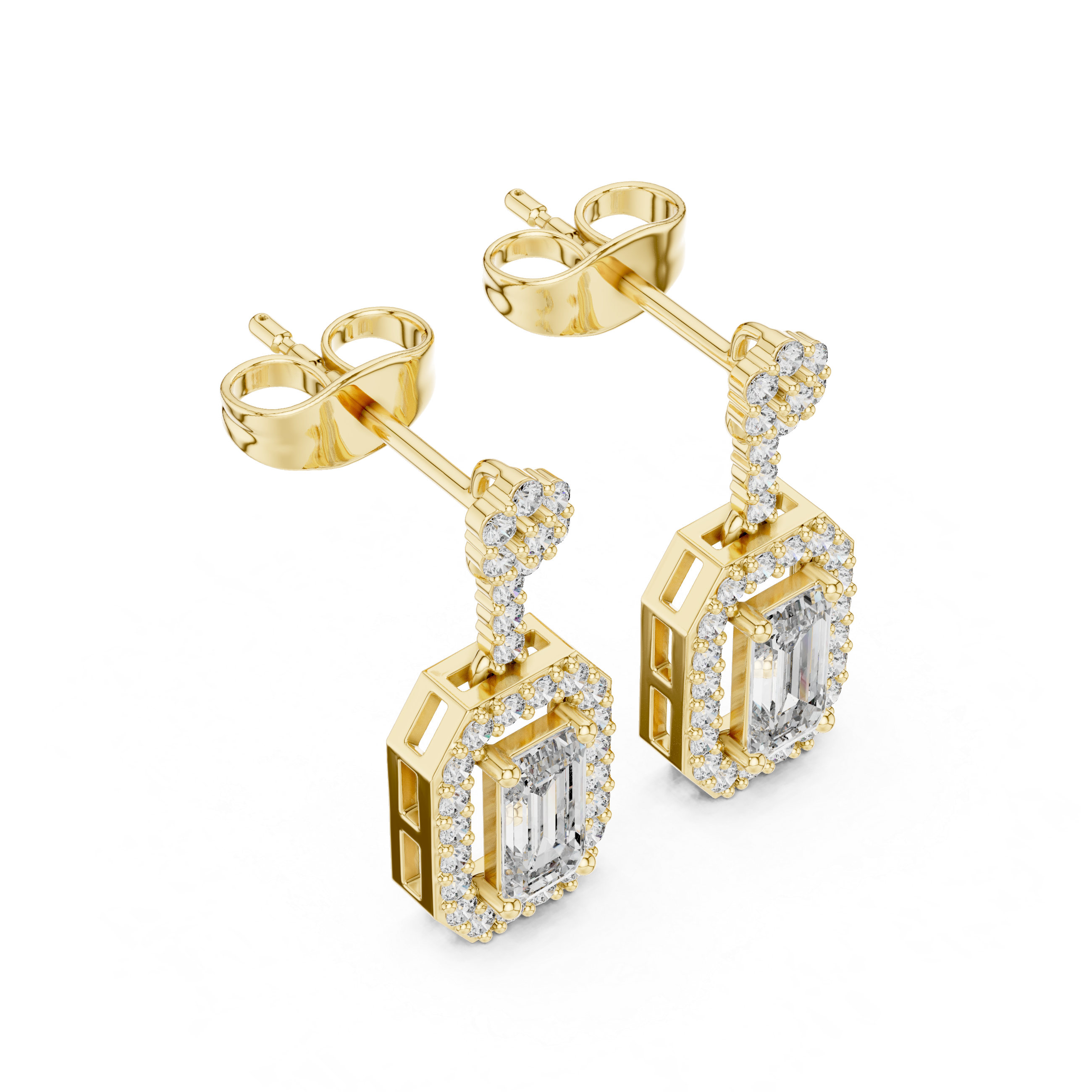 Emerald Cut Diamond Halo Drop Earrings with Pavé Link