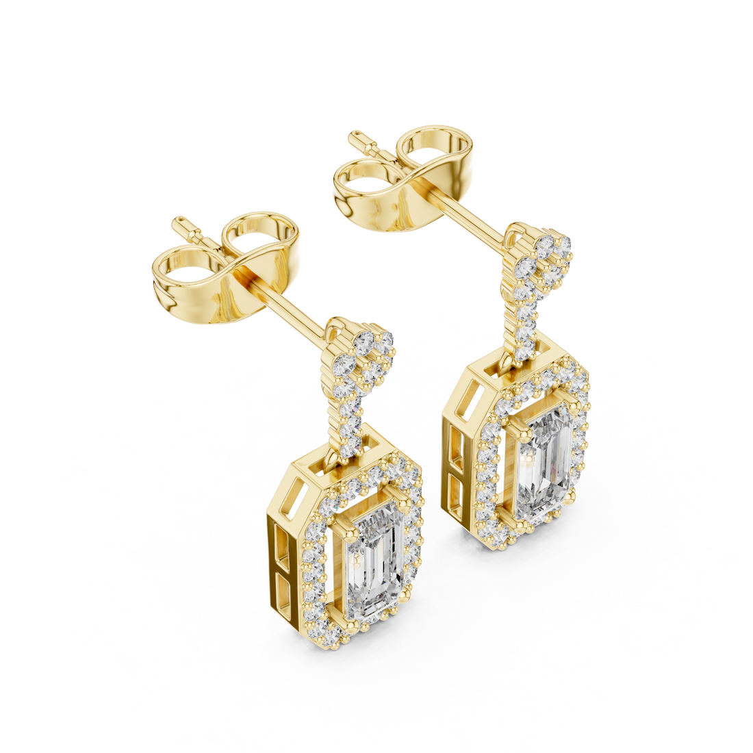 Emerald Cut Diamond Halo Drop Earrings with Pavé Link
