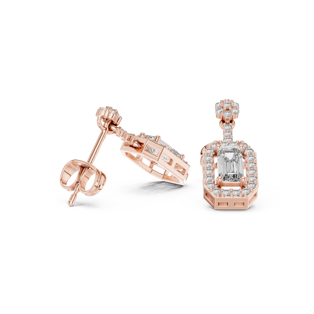 Emerald Cut Diamond Halo Drop Earrings with Pavé Link