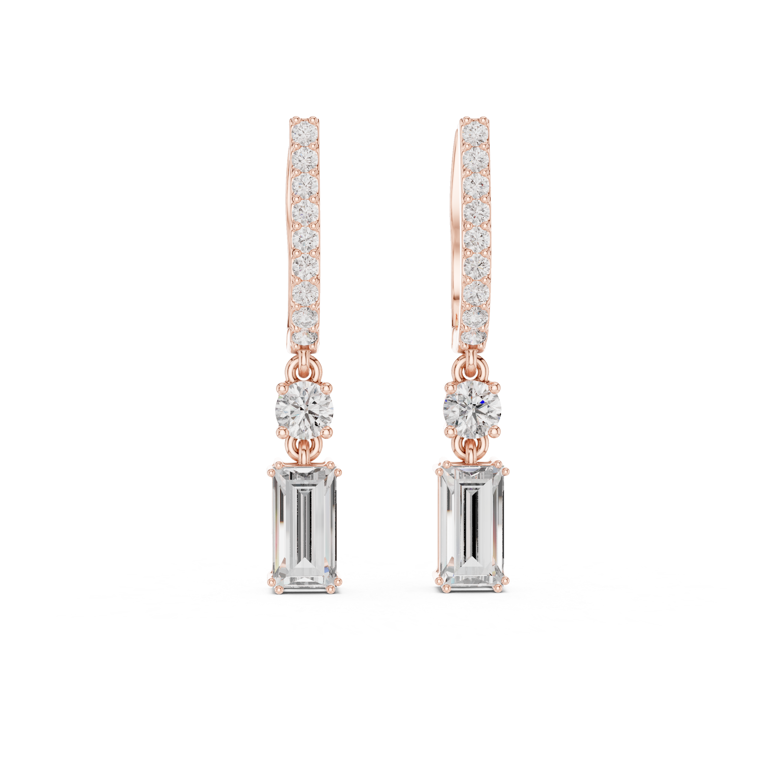 Emerald Cut and Round Diamond Linear Drop Earrings with Pavé Bar