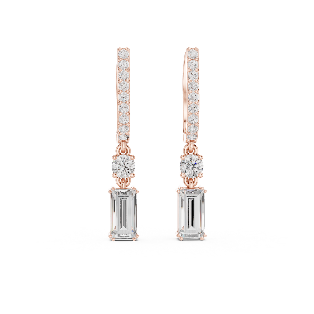 Emerald Cut and Round Diamond Linear Drop Earrings with Pavé Bar