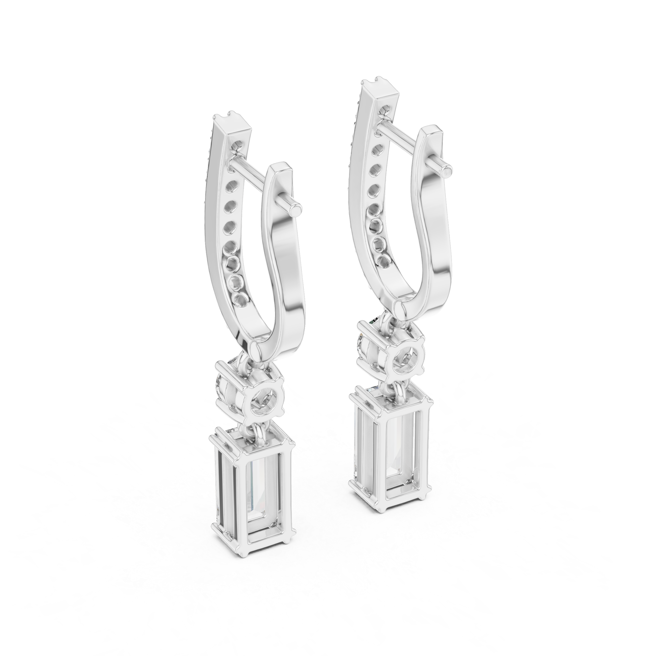 Emerald Cut and Round Diamond Linear Drop Earrings with Pavé Bar