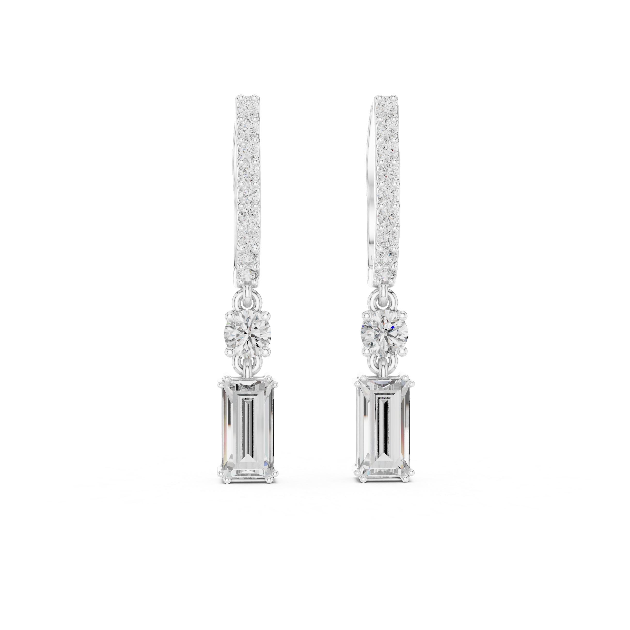 Emerald Cut and Round Diamond Linear Drop Earrings with Pavé Bar