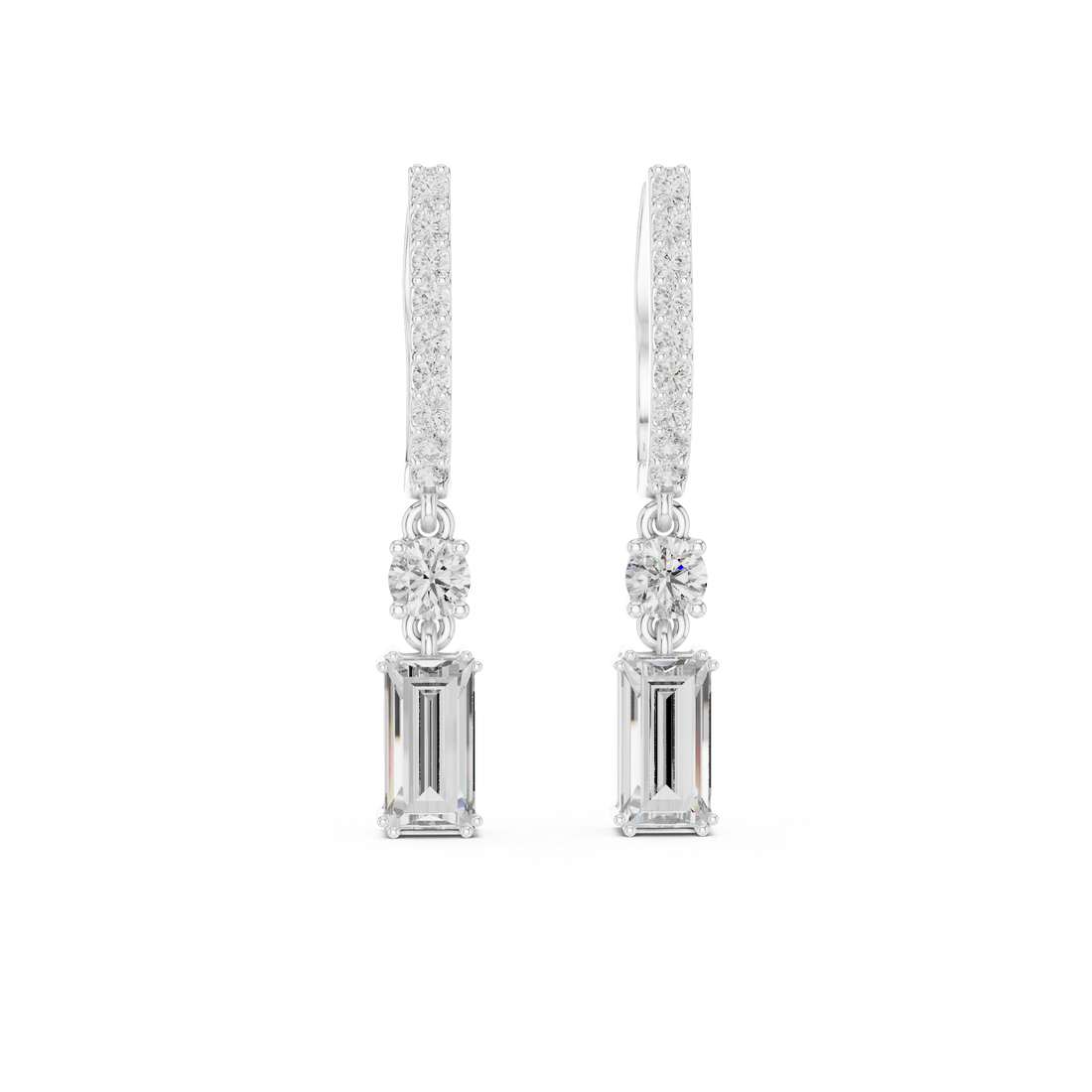 Emerald Cut and Round Diamond Linear Drop Earrings with Pavé Bar