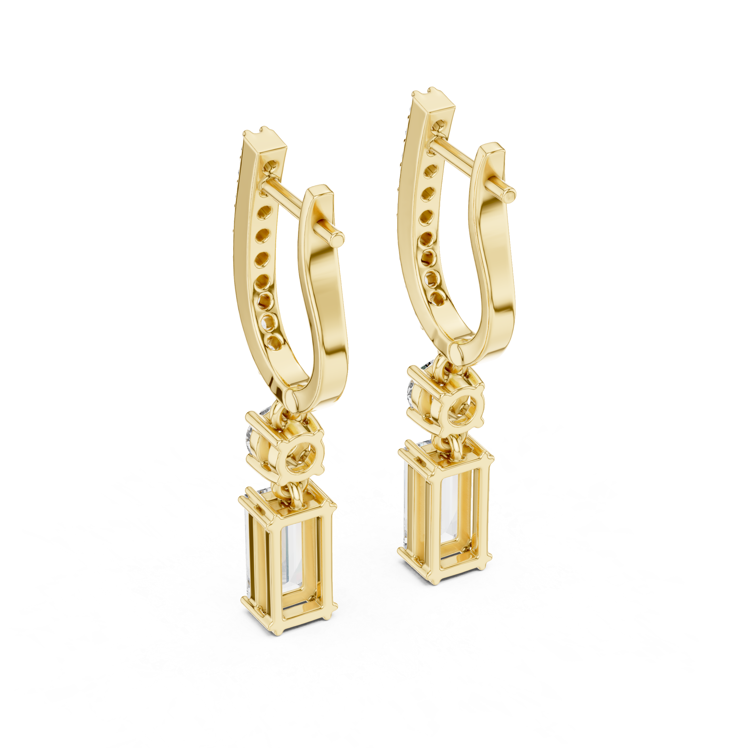 Emerald Cut and Round Diamond Linear Drop Earrings with Pavé Bar
