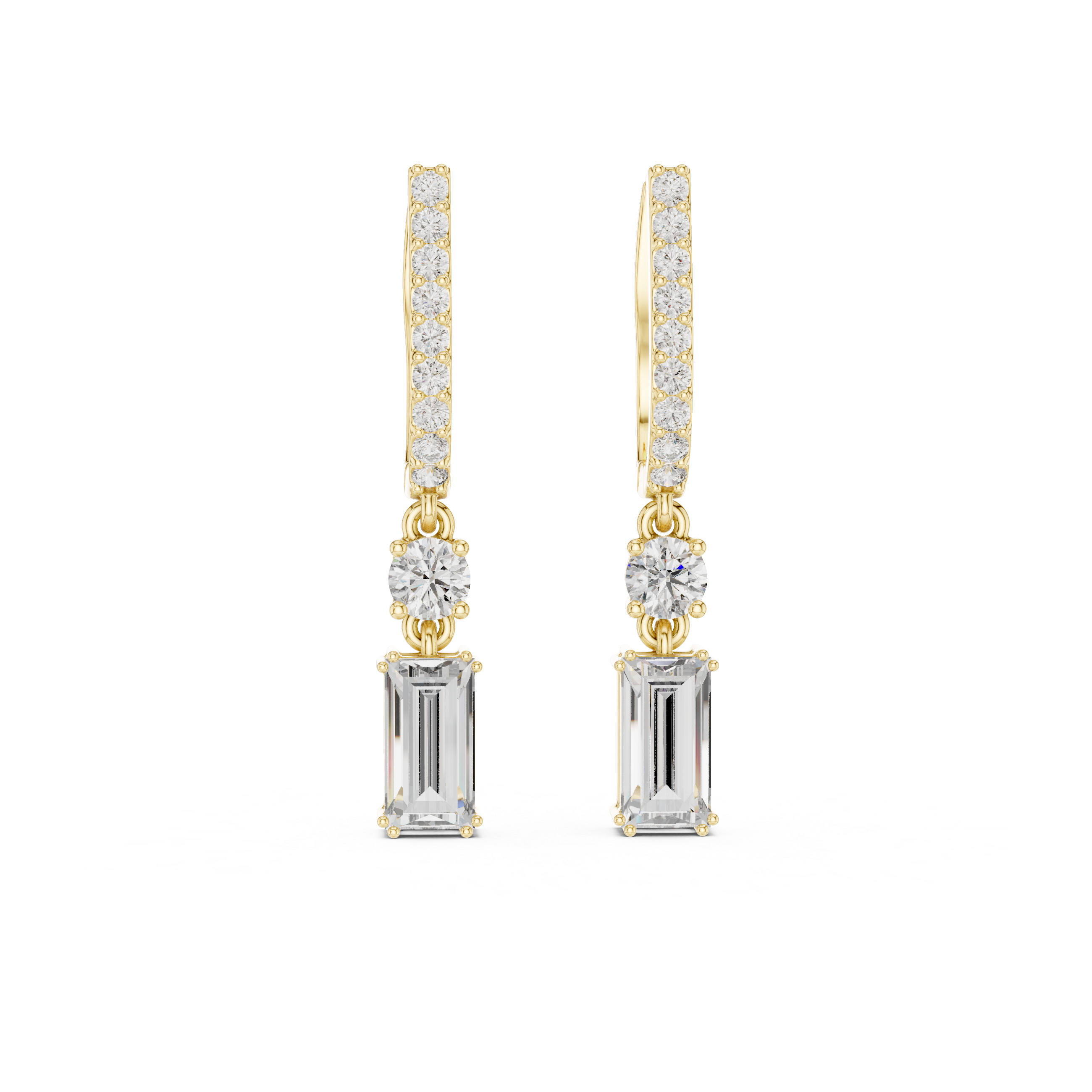 Emerald Cut and Round Diamond Linear Drop Earrings with Pavé Bar