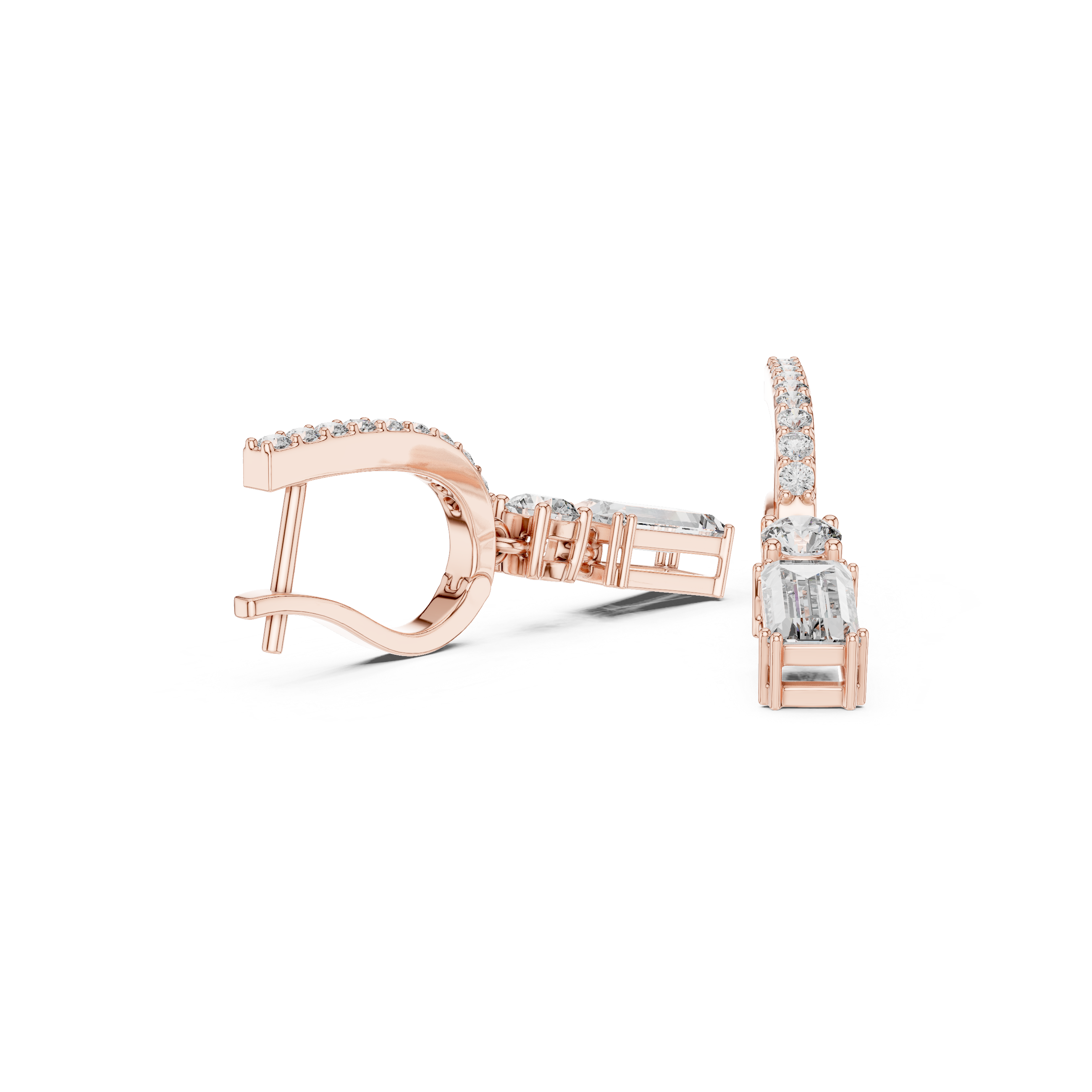 Emerald Cut and Round Diamond Linear Drop Earrings with Pavé Bar