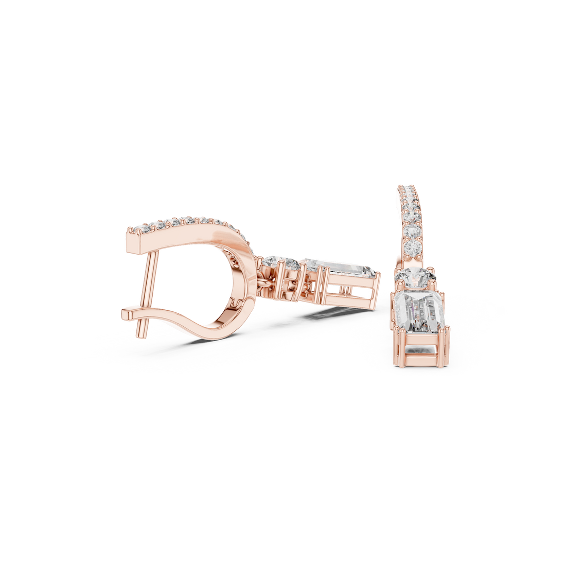 Emerald Cut and Round Diamond Linear Drop Earrings with Pavé Bar