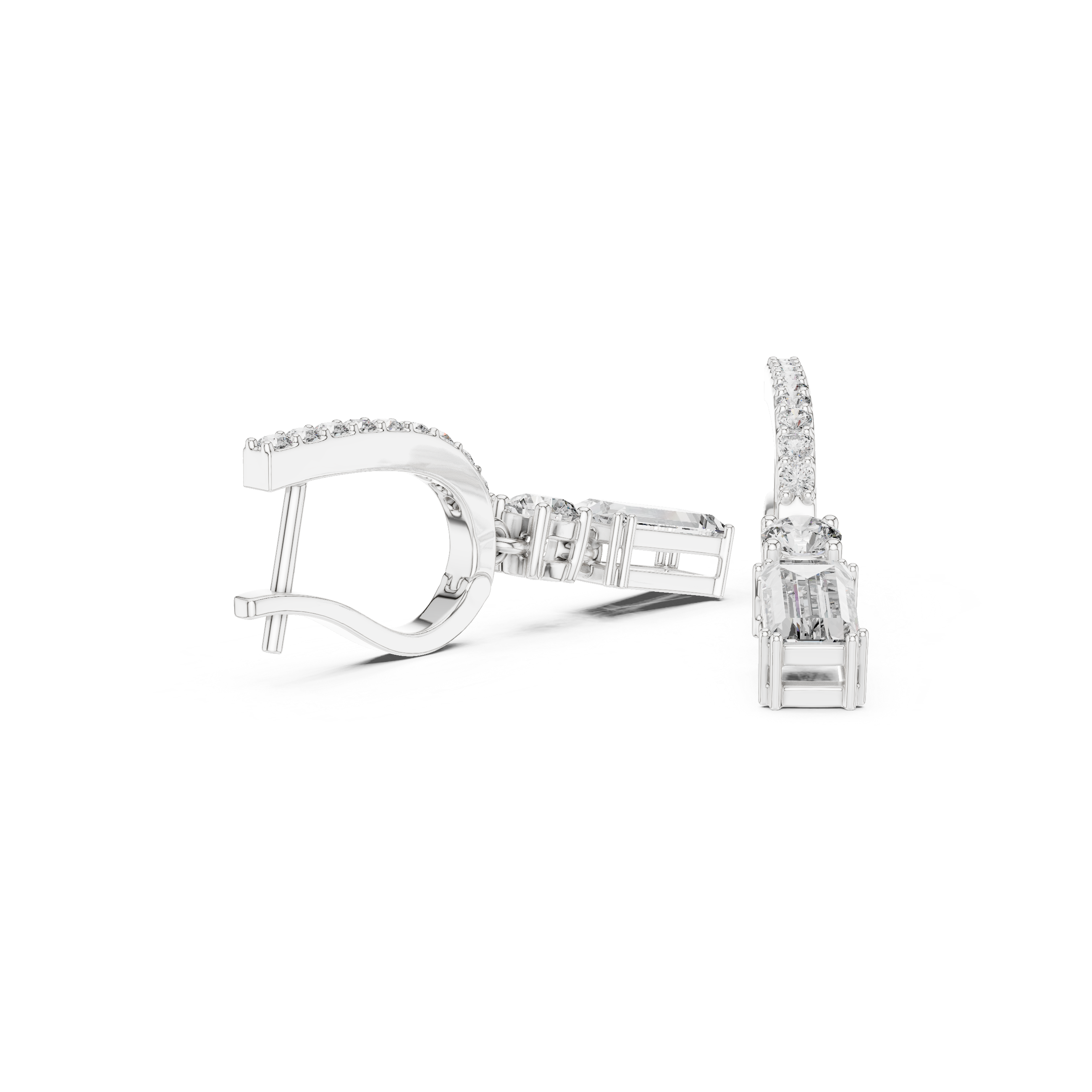 Emerald Cut and Round Diamond Linear Drop Earrings with Pavé Bar