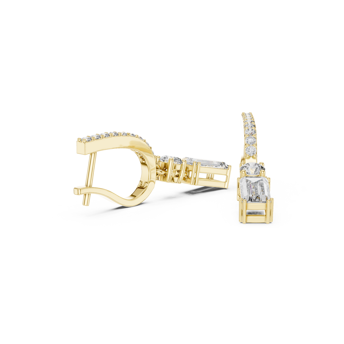 Emerald Cut and Round Diamond Linear Drop Earrings with Pavé Bar