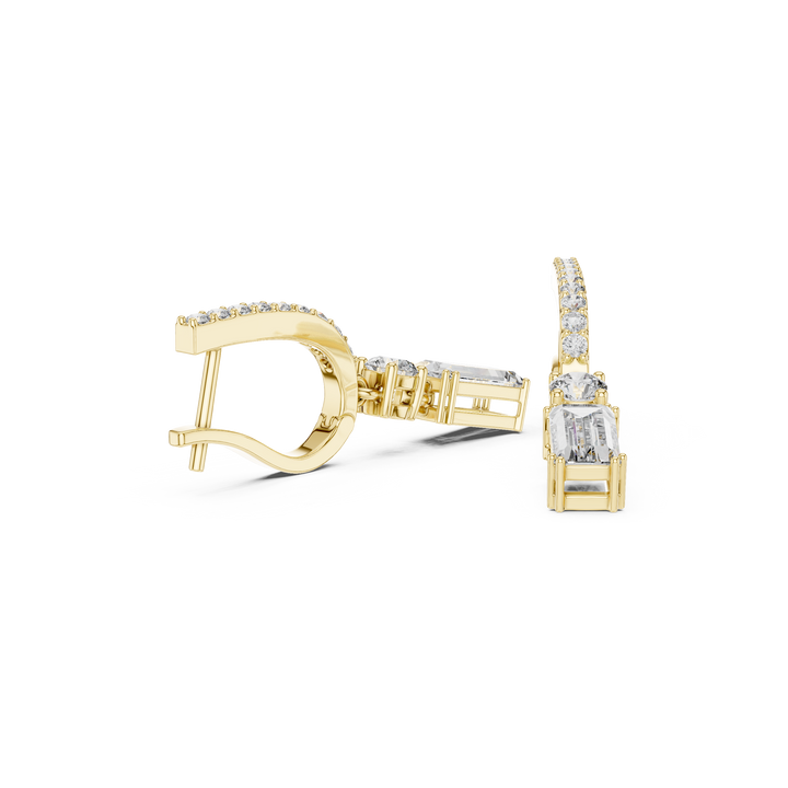 Emerald Cut and Round Diamond Linear Drop Earrings with Pavé Bar