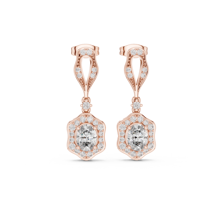 Oval Cut Diamond Halo Vintage Drop Earrings with Pavé Openwork Link