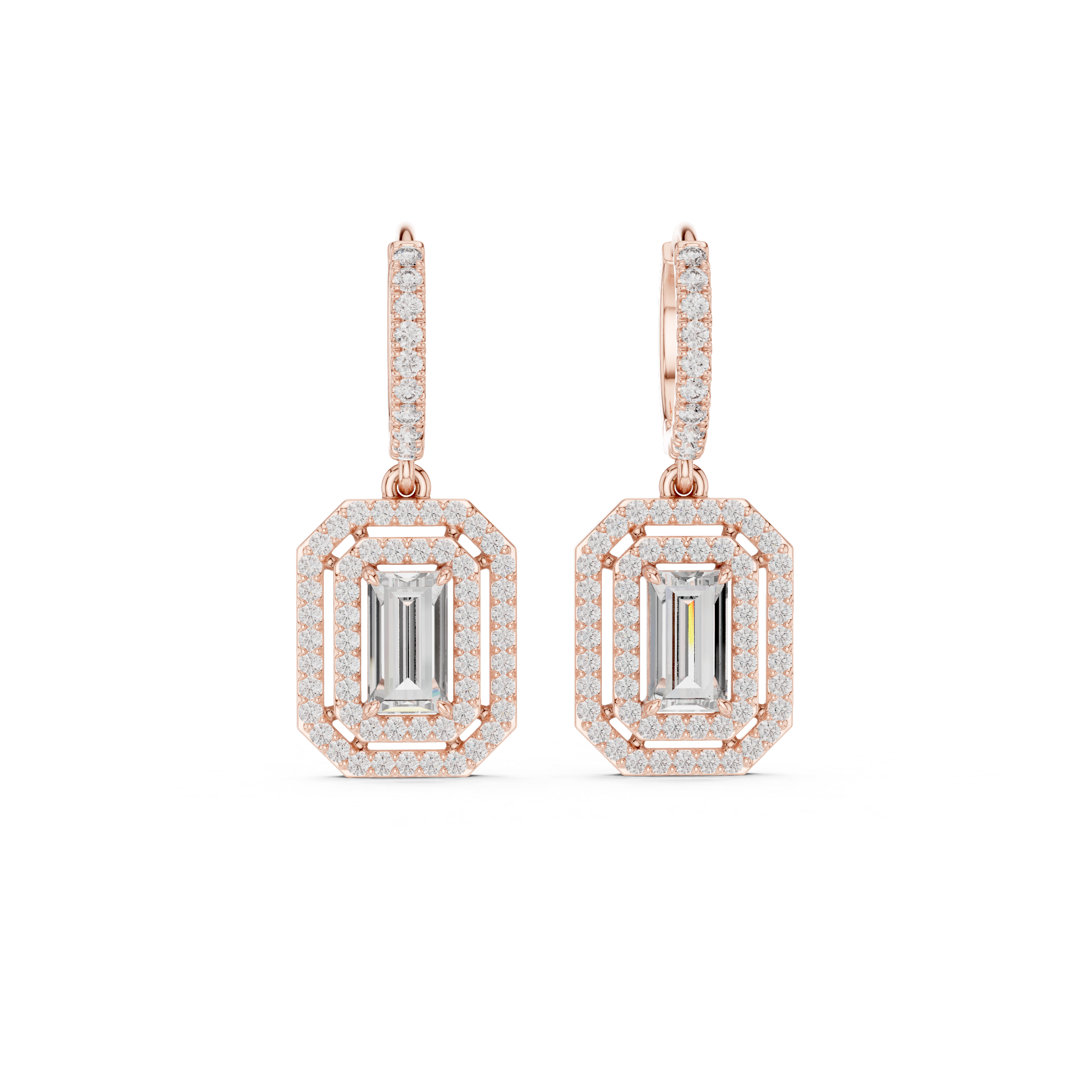 Emerald Cut Diamond Double Halo Drop Earrings with Pavé Hoops