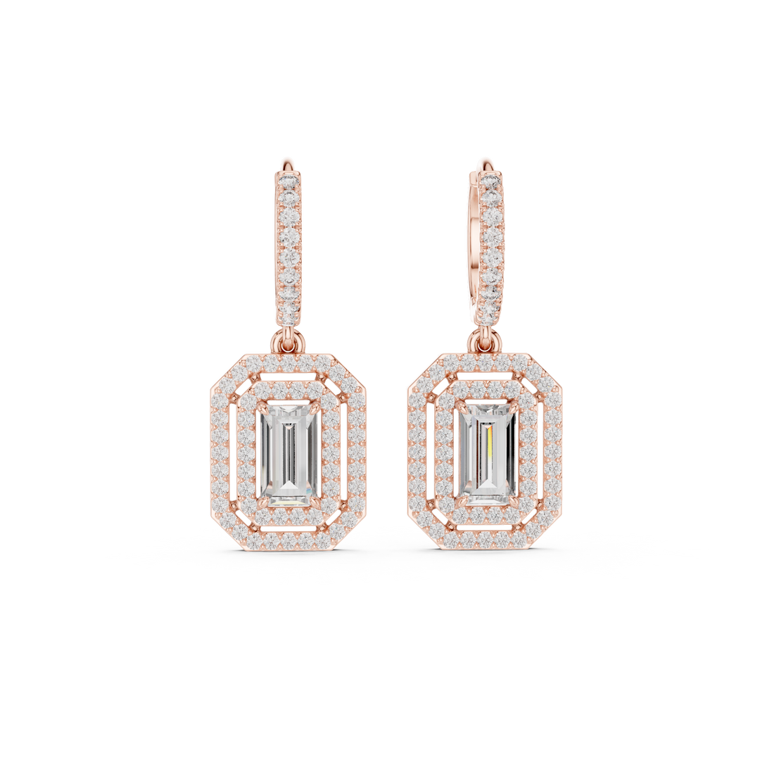 Emerald Cut Diamond Double Halo Drop Earrings with Pavé Hoops
