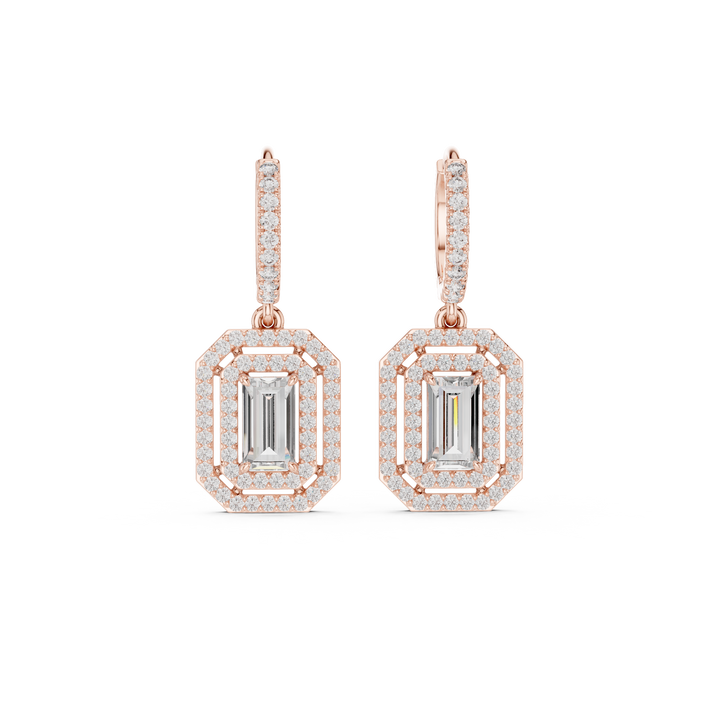 Emerald Cut Diamond Double Halo Drop Earrings with Pavé Hoops