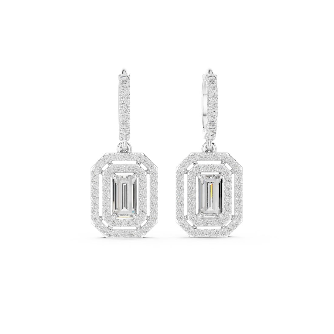 Emerald Cut Diamond Double Halo Drop Earrings with Pavé Hoops