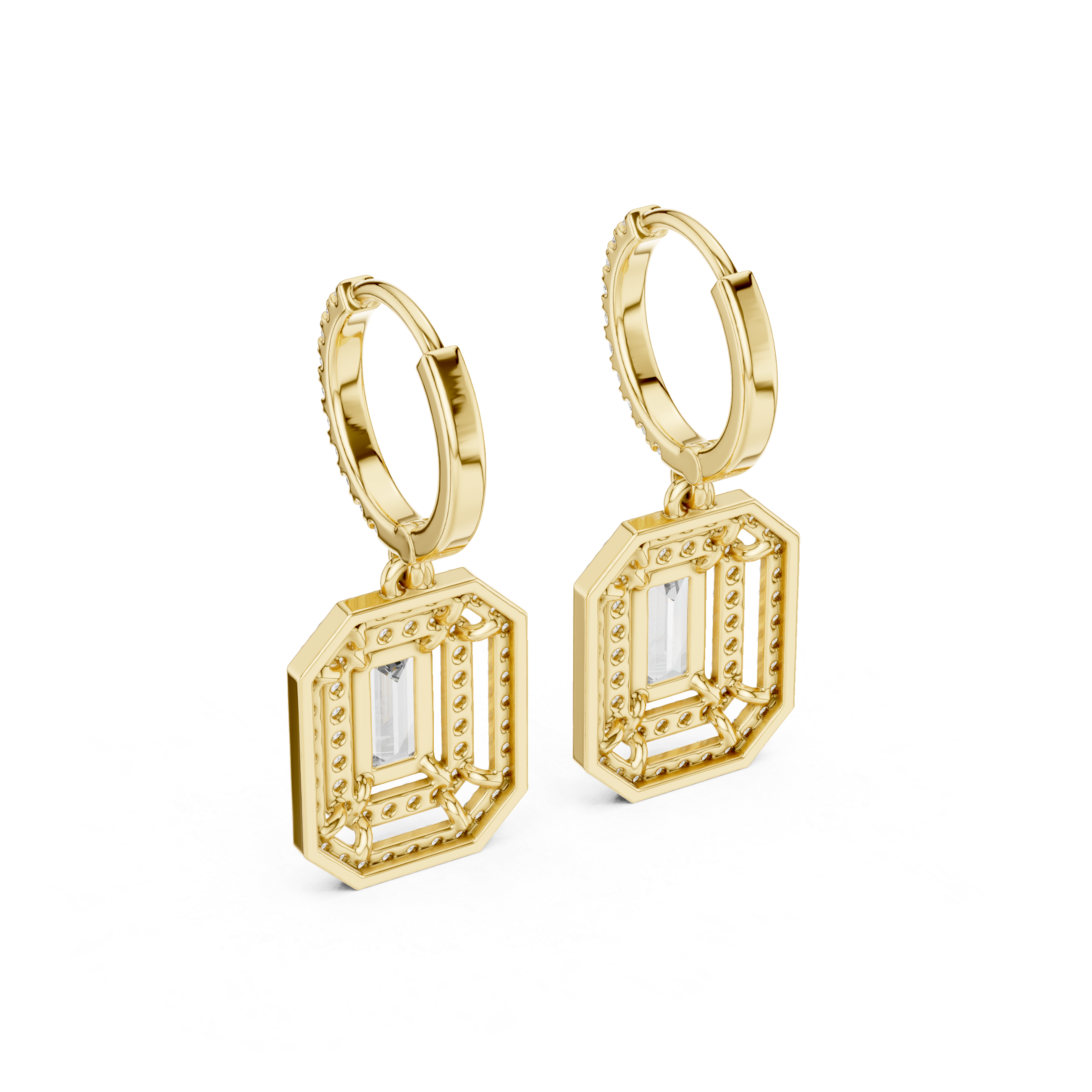 Emerald Cut Diamond Double Halo Drop Earrings with Pavé Hoops