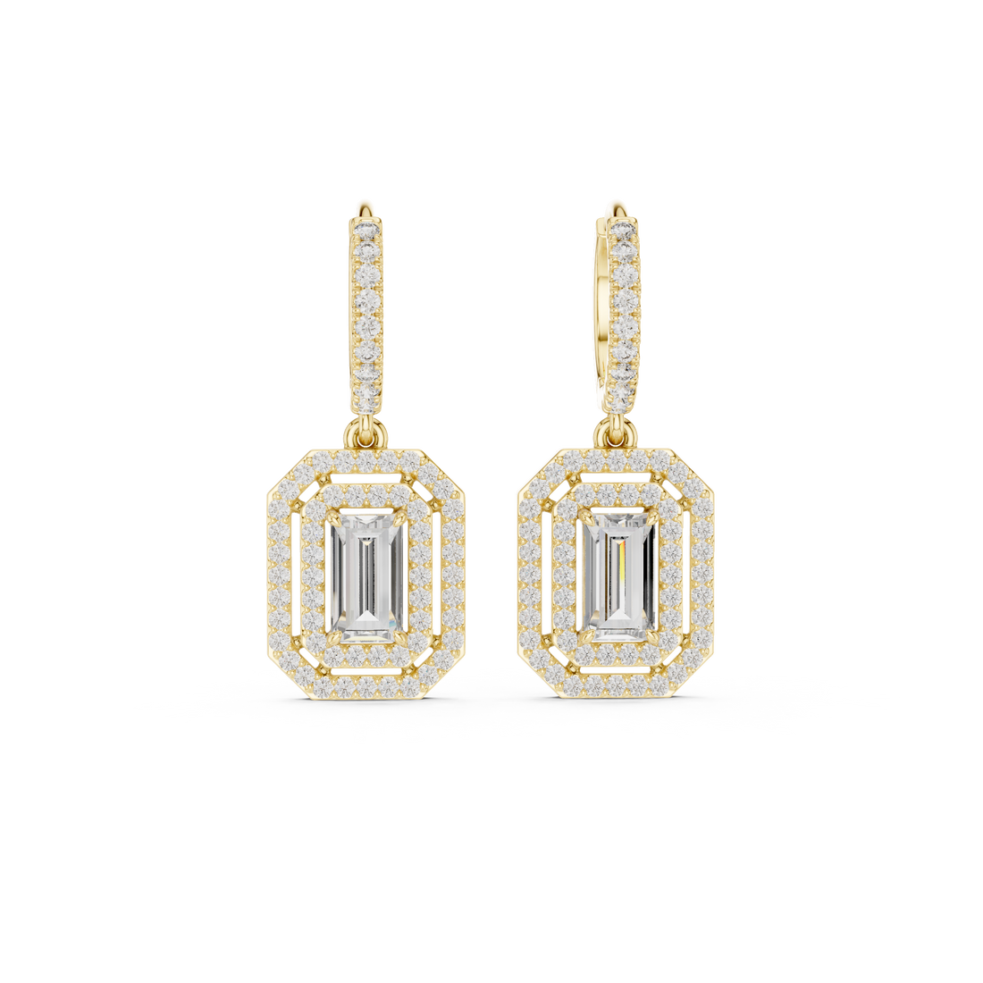Emerald Cut Diamond Double Halo Drop Earrings with Pavé Hoops