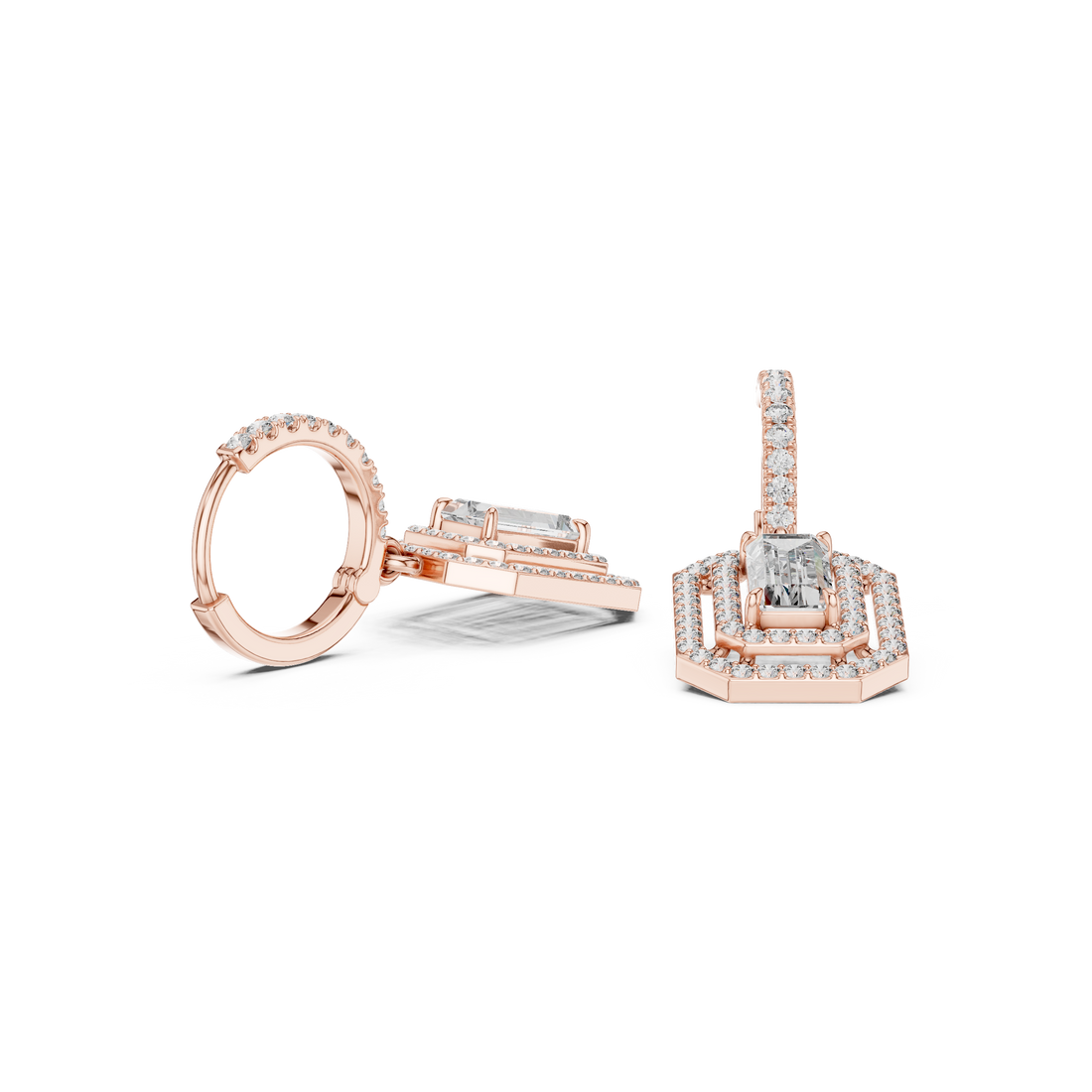 Emerald Cut Diamond Double Halo Drop Earrings with Pavé Hoops