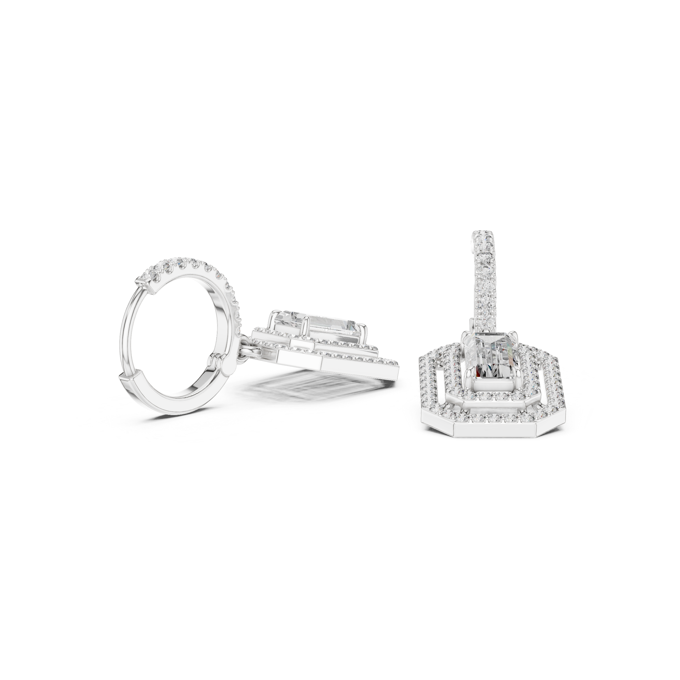 Emerald Cut Diamond Double Halo Drop Earrings with Pavé Hoops