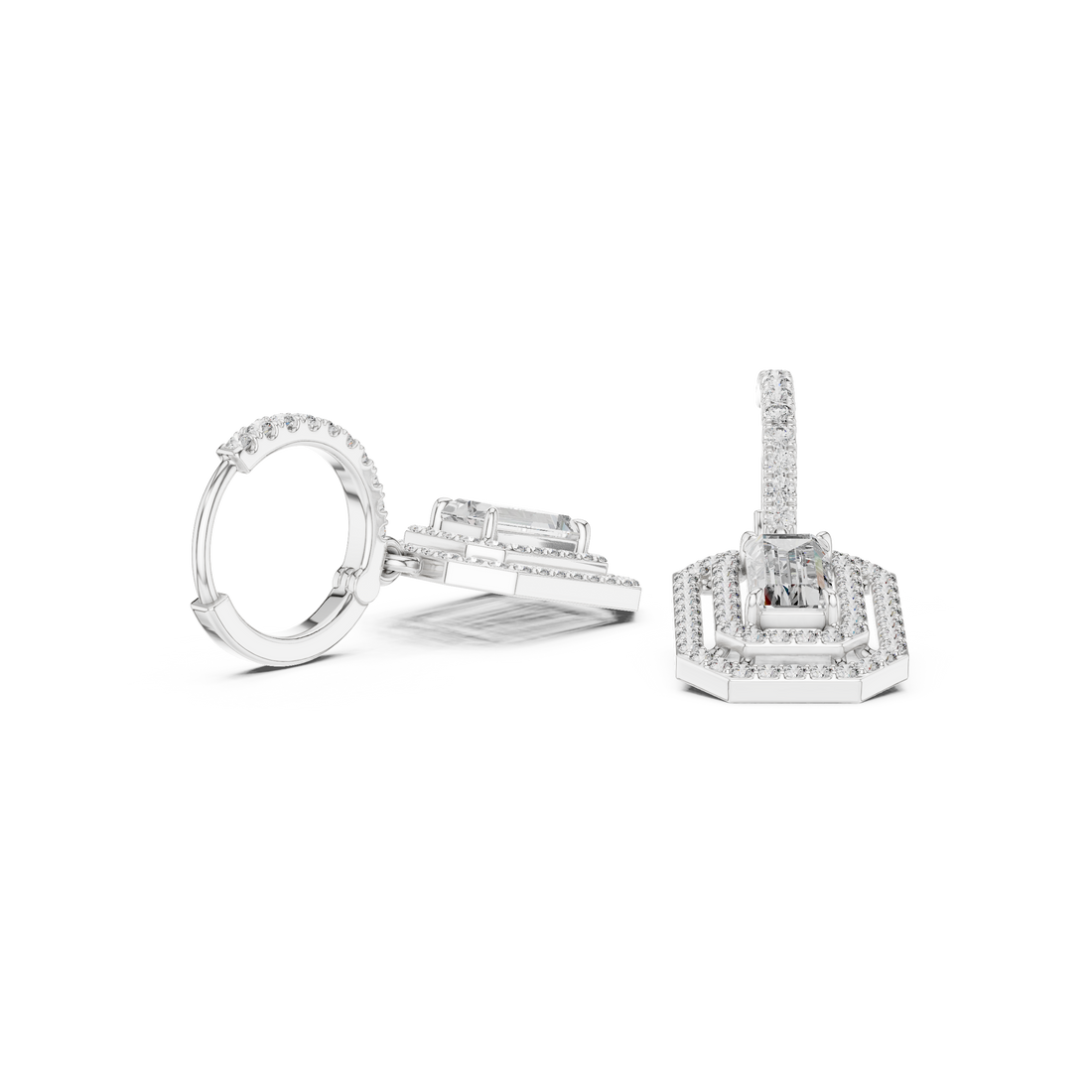 Emerald Cut Diamond Double Halo Drop Earrings with Pavé Hoops