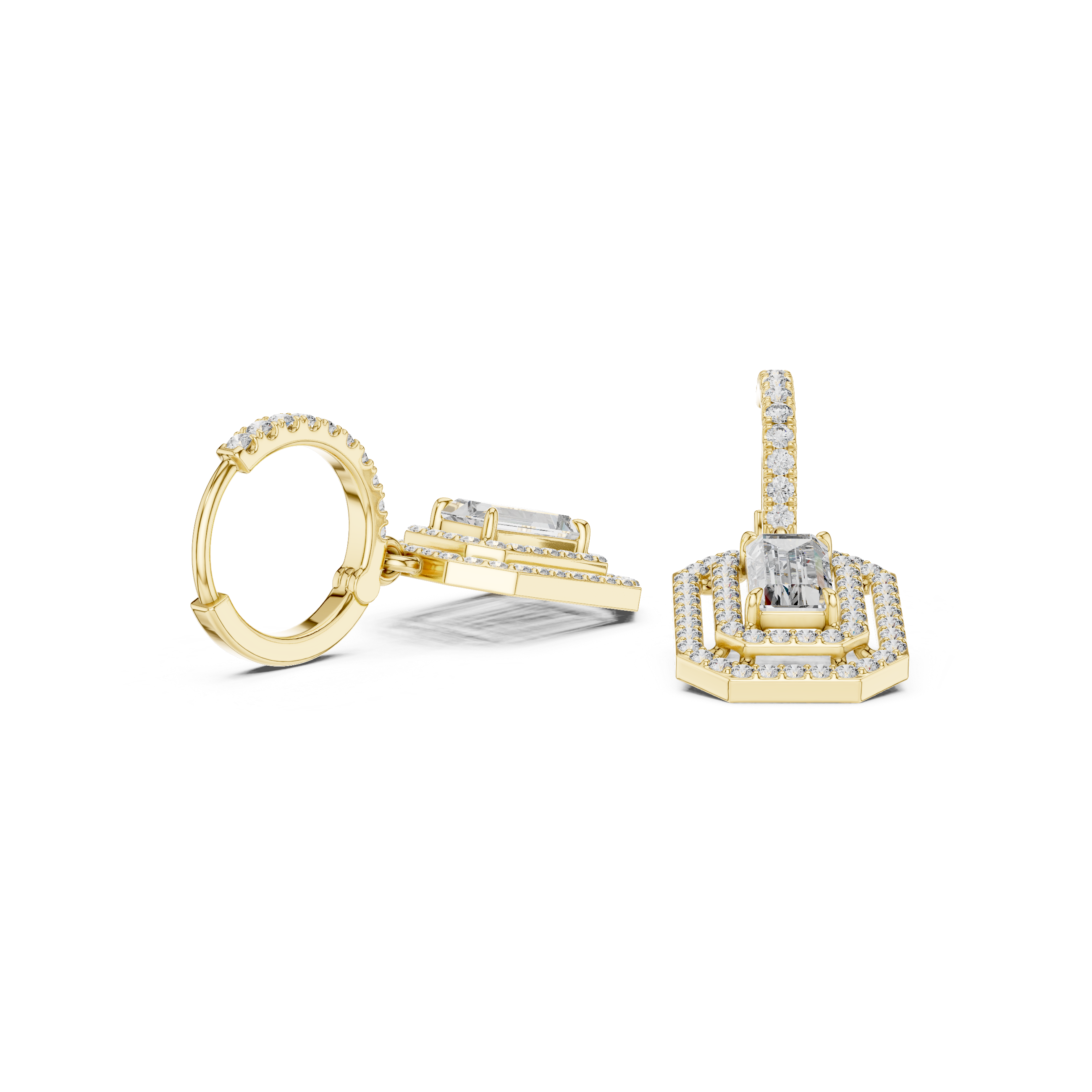 Emerald Cut Diamond Double Halo Drop Earrings with Pavé Hoops