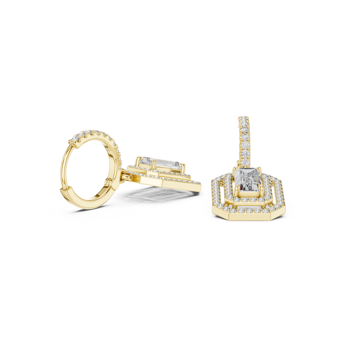 Emerald Cut Diamond Double Halo Drop Earrings with Pavé Hoops