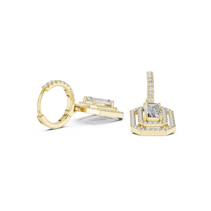 Emerald Cut Diamond Double Halo Drop Earrings with Pavé Hoops