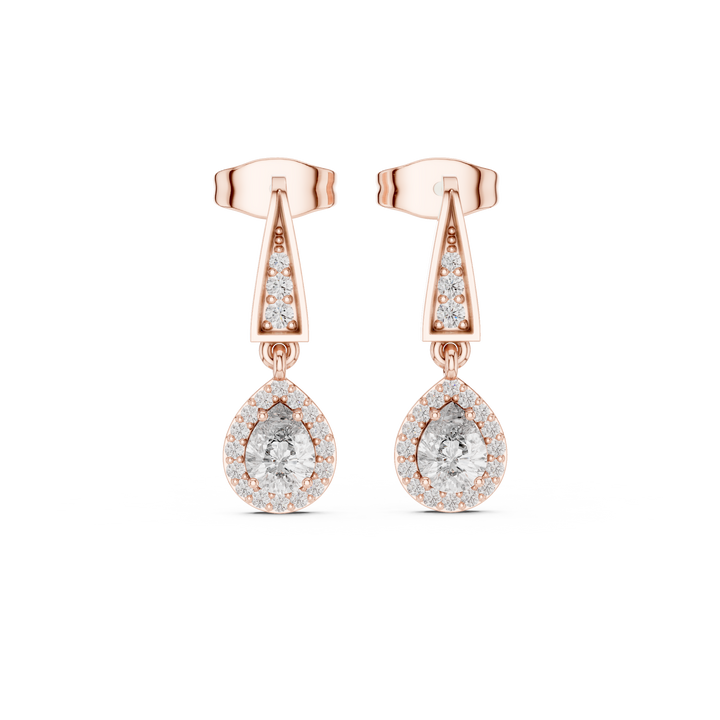 Pear Cut Diamond Halo Drop Earrings with Pavé Tapered Link