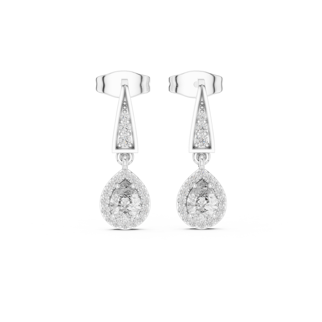 Pear Cut Diamond Halo Drop Earrings with Pavé Tapered Link