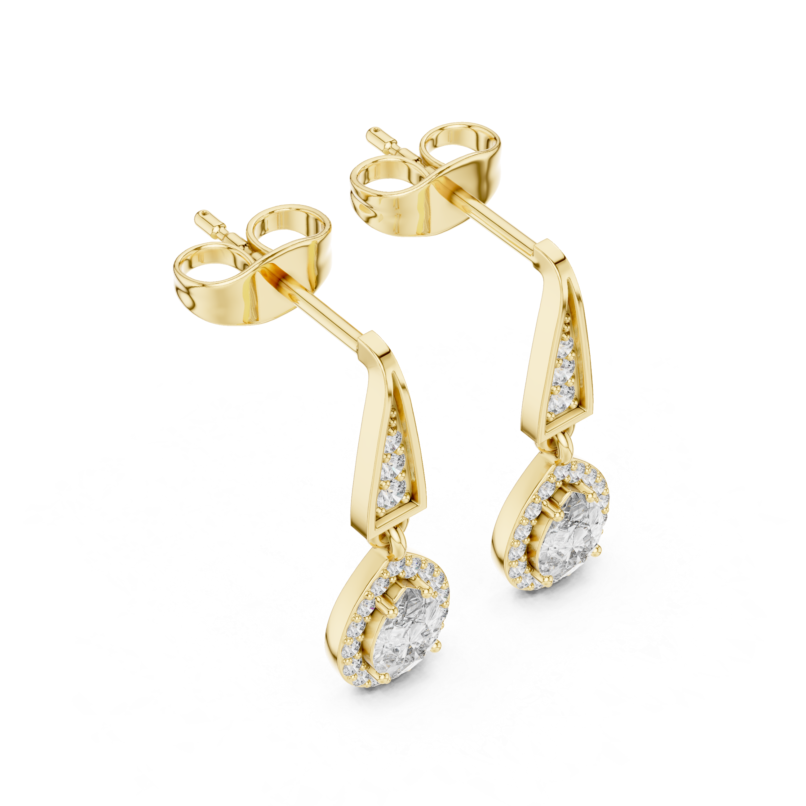 Pear Cut Diamond Halo Drop Earrings with Pavé Tapered Link