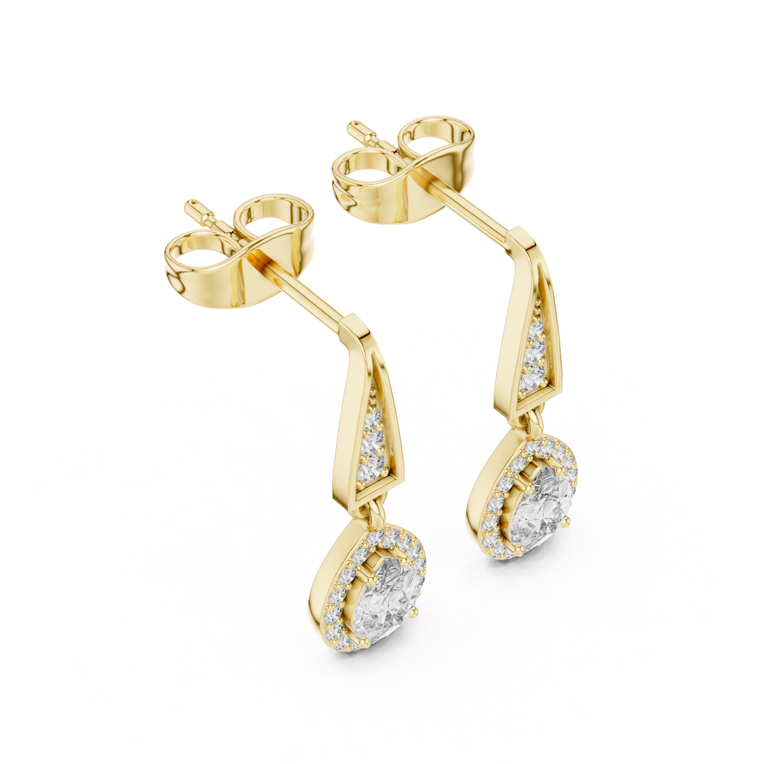 Pear Cut Diamond Halo Drop Earrings with Pavé Tapered Link