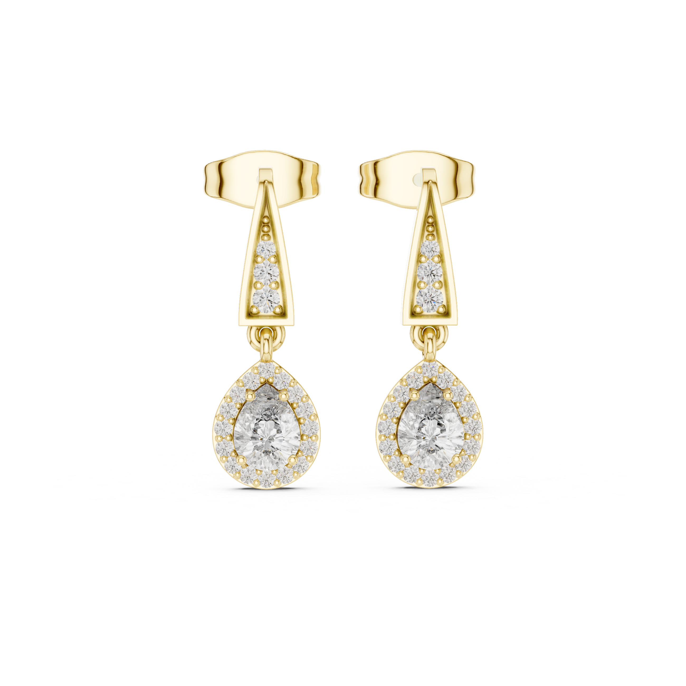 Pear Cut Diamond Halo Drop Earrings with Pavé Tapered Link