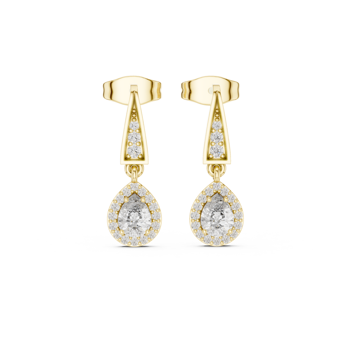Pear Cut Diamond Halo Drop Earrings with Pavé Tapered Link