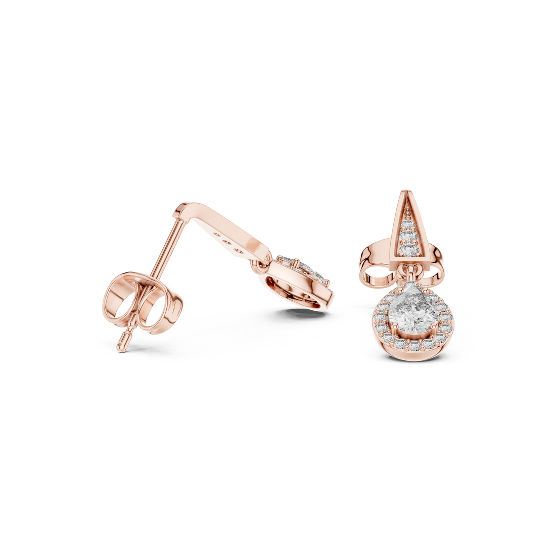 Pear Cut Diamond Halo Drop Earrings with Pavé Tapered Link