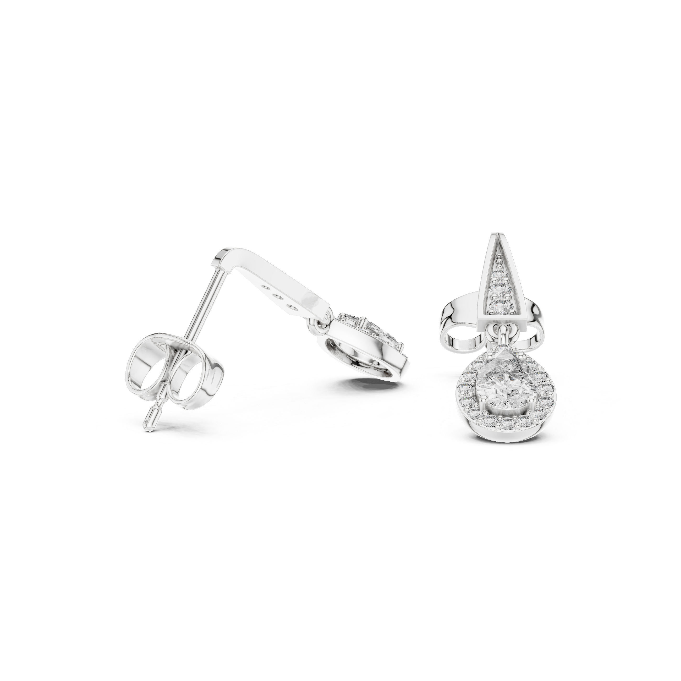 Pear Cut Diamond Halo Drop Earrings with Pavé Tapered Link