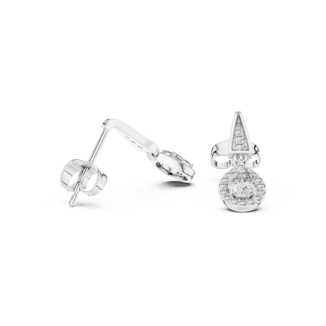 Pear Cut Diamond Halo Drop Earrings with Pavé Tapered Link