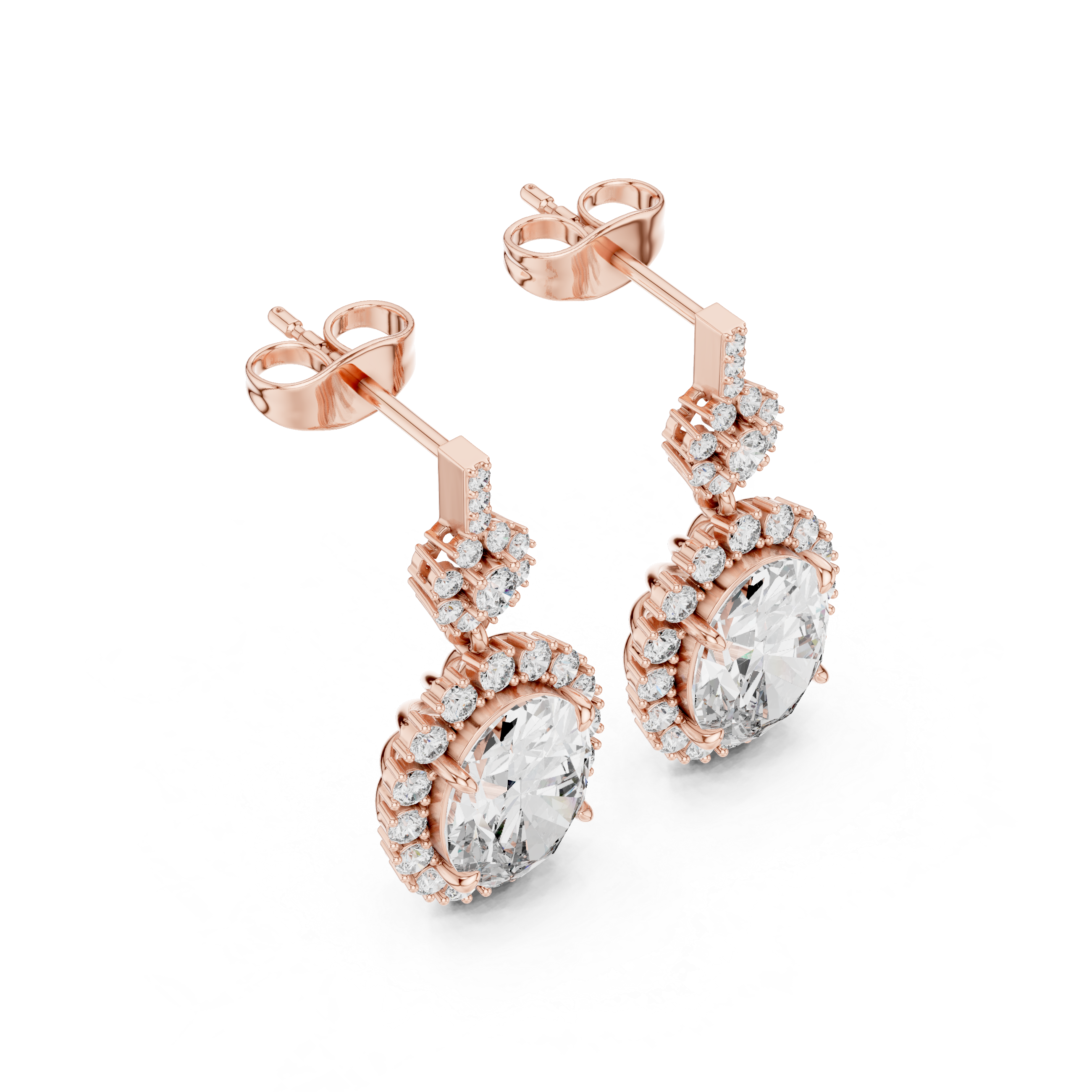 Oval Cut Diamond Halo Floral Cluster Drop Earrings with Pavé Link