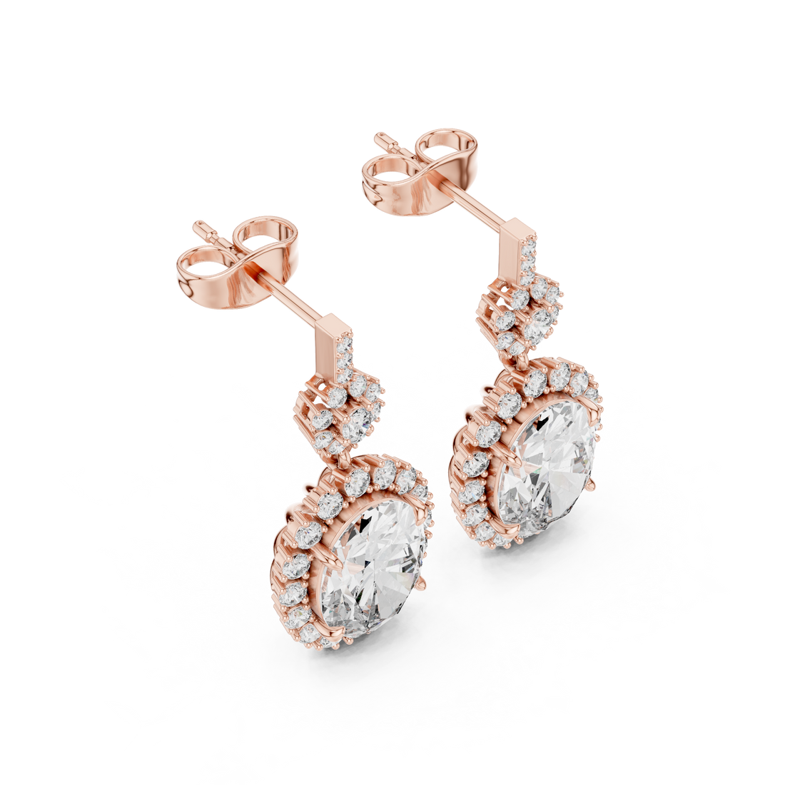 Oval Cut Diamond Halo Floral Cluster Drop Earrings with Pavé Link