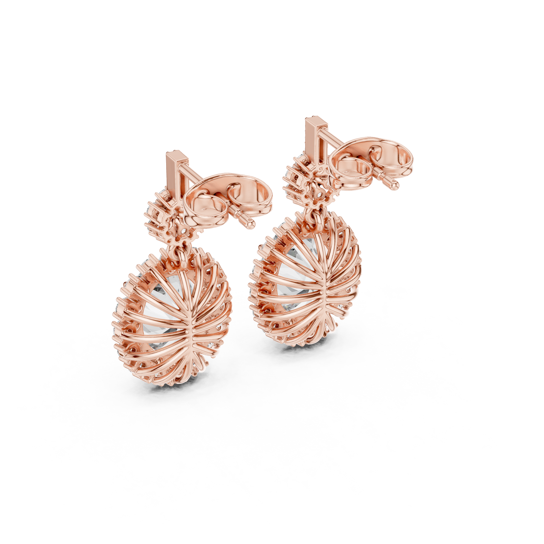 Oval Cut Diamond Halo Floral Cluster Drop Earrings with Pavé Link