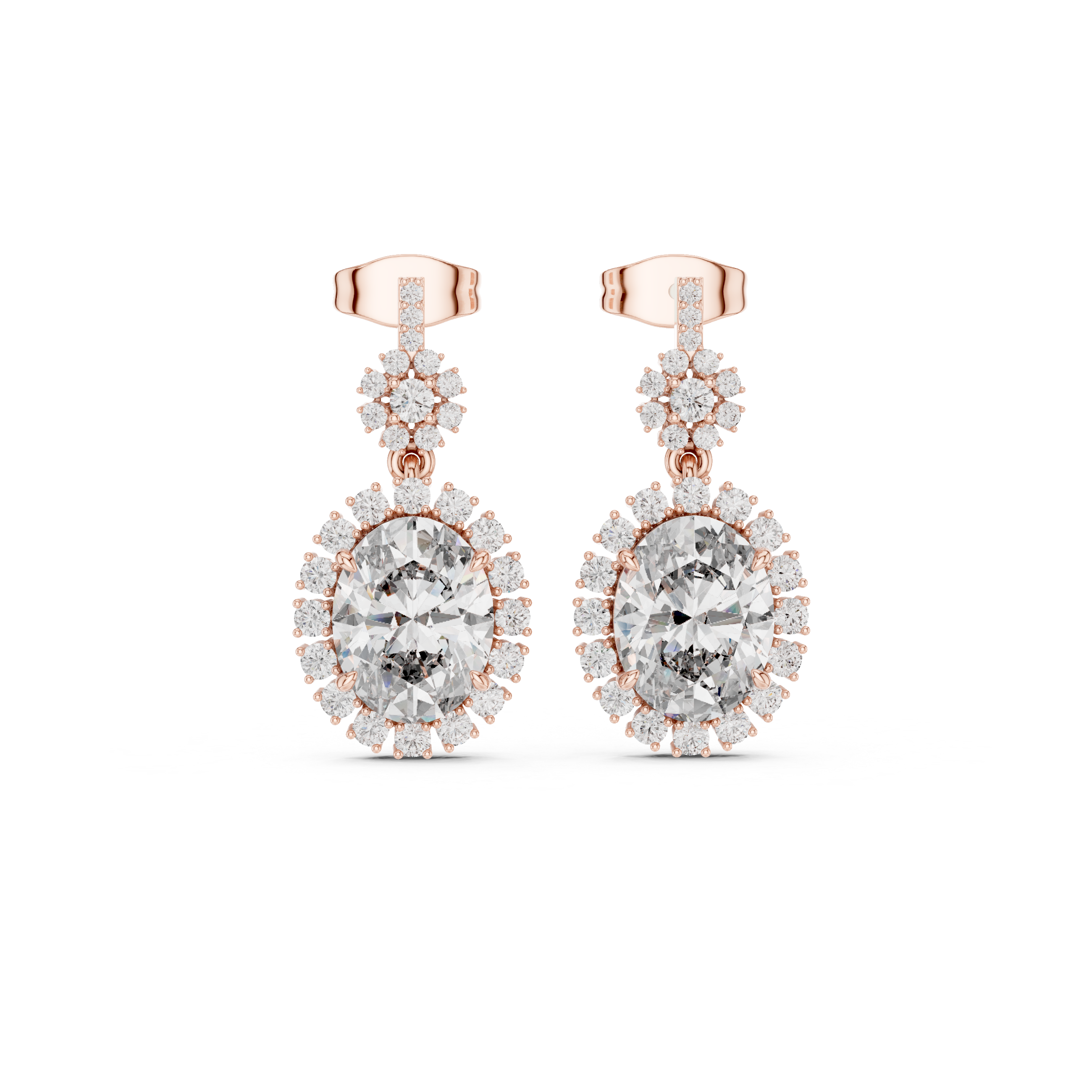 Oval Cut Diamond Halo Floral Cluster Drop Earrings with Pavé Link