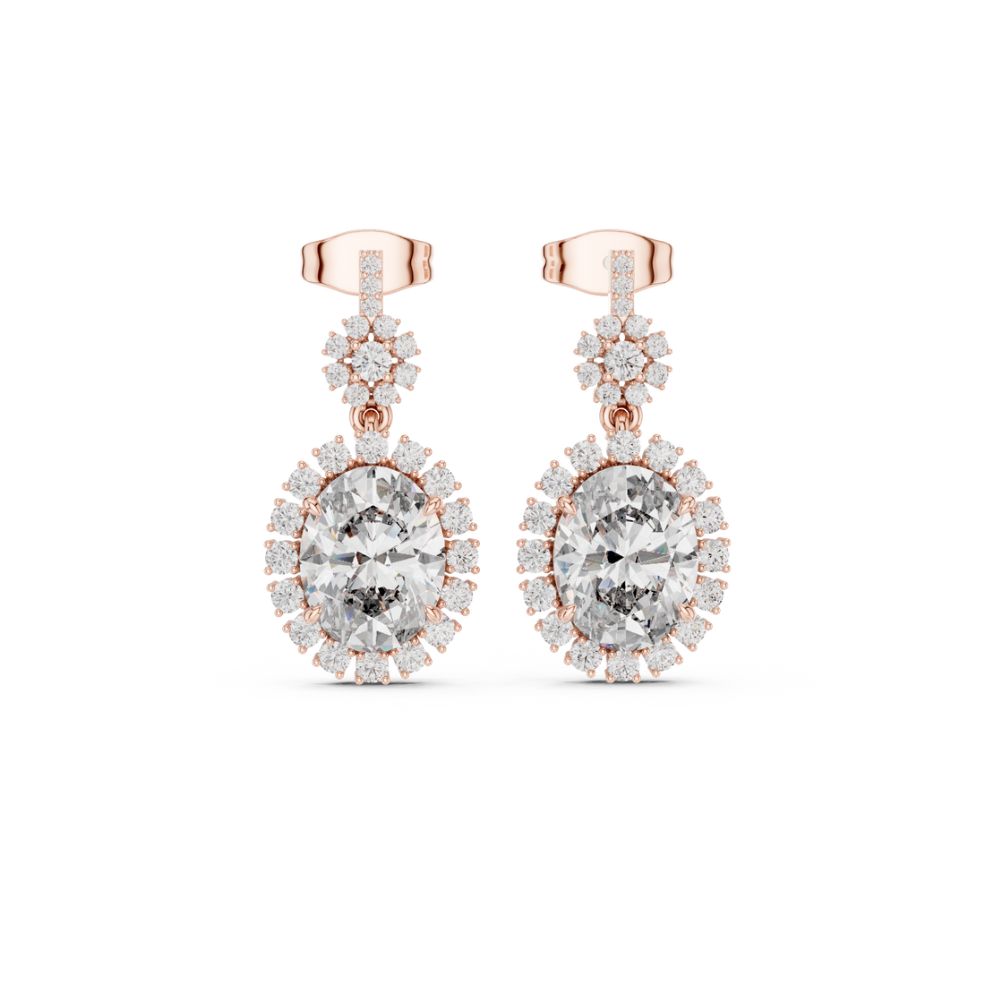 Oval Cut Diamond Halo Floral Cluster Drop Earrings with Pavé Link
