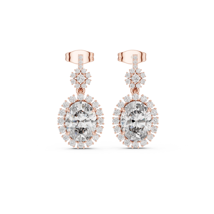 Oval Cut Diamond Halo Floral Cluster Drop Earrings with Pavé Link