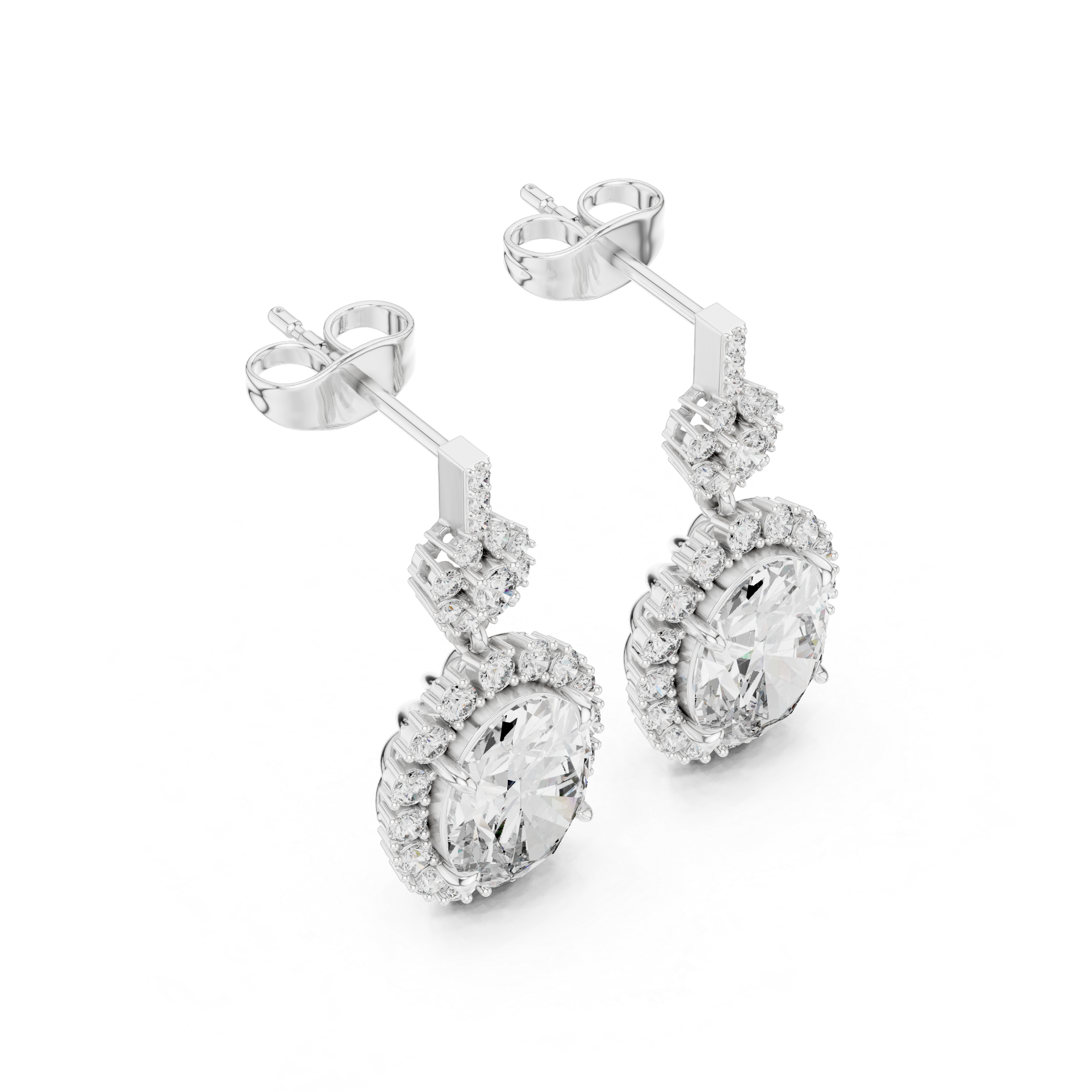 Oval Cut Diamond Halo Floral Cluster Drop Earrings with Pavé Link